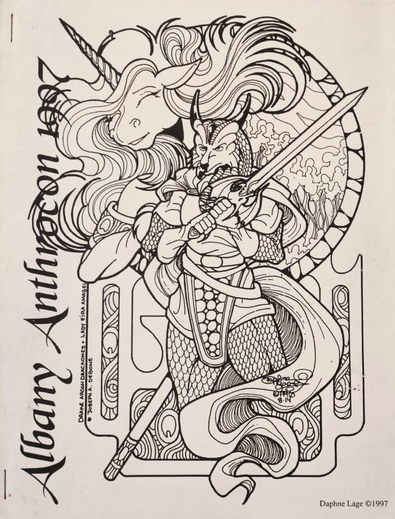A draconic knight wielding a sword and a unicorn, with the words "Albany Anthrocon 1997" running up the left side.