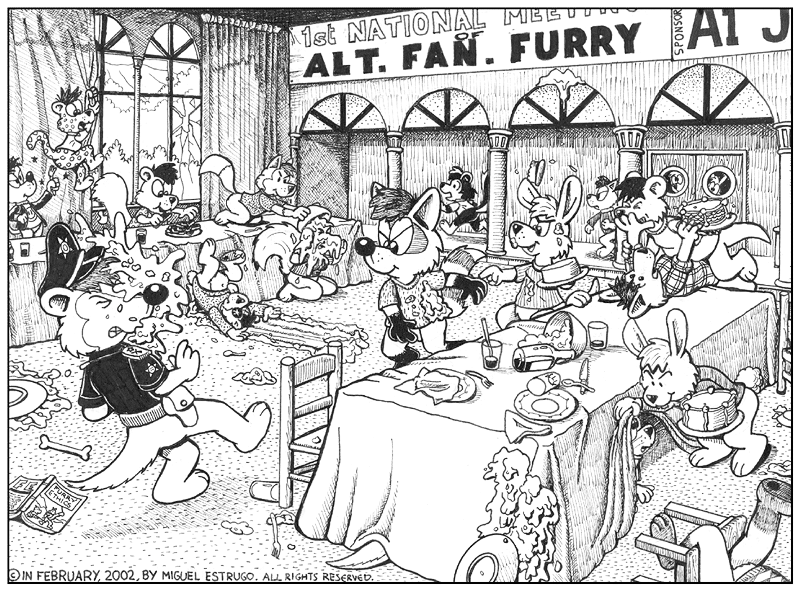 Furry artist Artie Roo, imagines an alt.fan.furry in-person "national meeting" that has devolved into a pie-throwing contest among dozens of adorable furries.