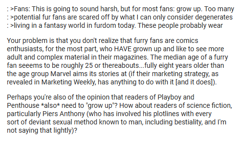 The user argues responds to the "What Is Wrong With Furry Fandom Today" thread by arguing that furries are adults and therefore get to enjoy adult things, including furry adult things.