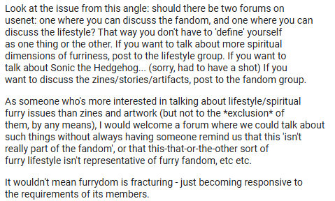 Screenshot of Lupercal proposing an alternate group for folks who wish to discuss "lifestyle" aspects of furry.